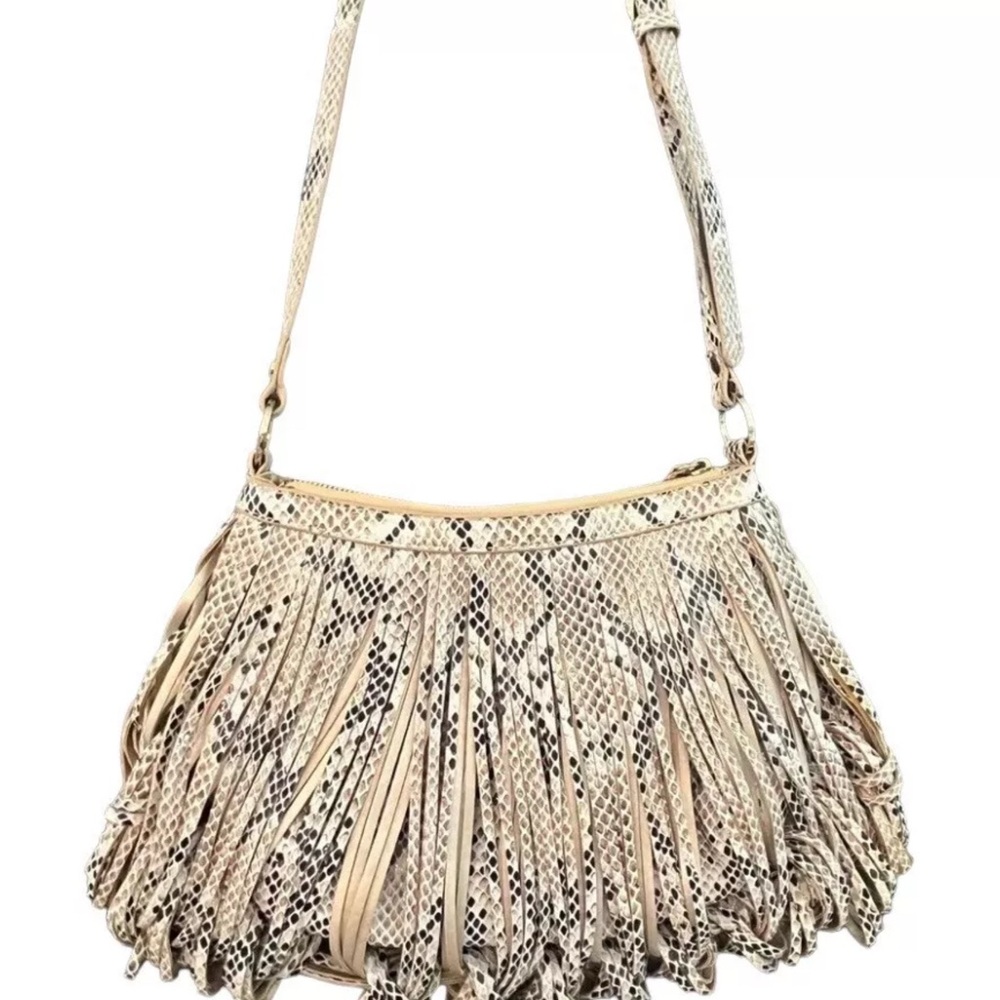 Cream and Black Crossbody Bag with Fringe and Metallic Accents
